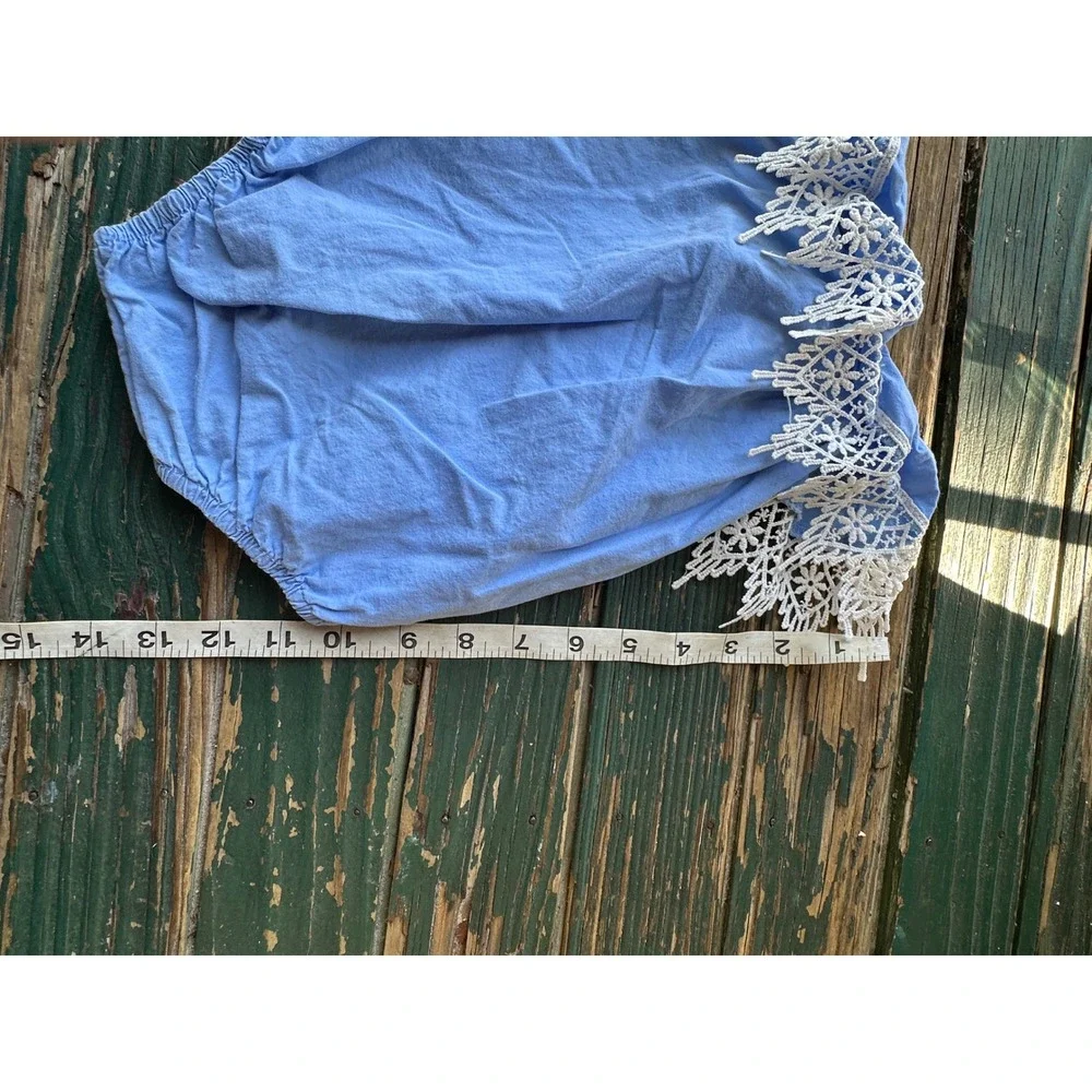 Rorychen Baby Blue Lace Trim Bubble Romper Sunsuit Size 80 Snaps Summer Boho